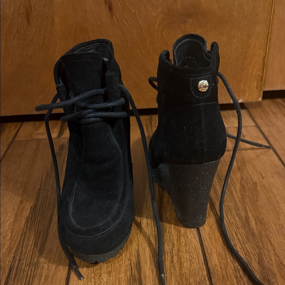 MICHAEL Michael Kors Black Suede Lace-Up Wedge Ankle Boots